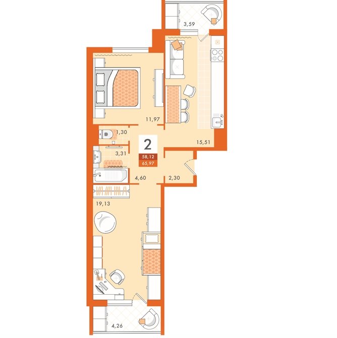 5 этаж 2-комнатн. 58.12 кв.м.