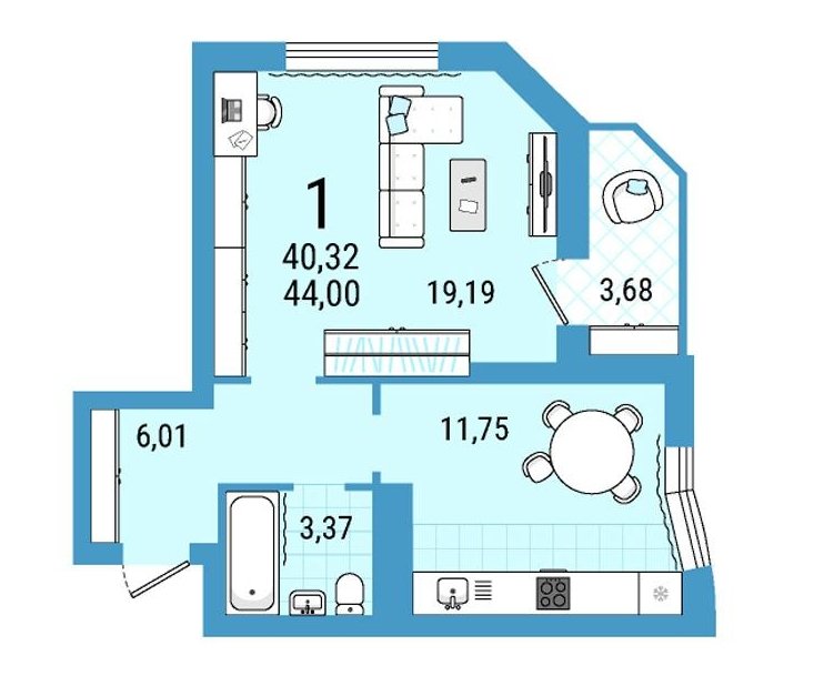 16 этаж 1-комнатн. 40.32 кв.м.